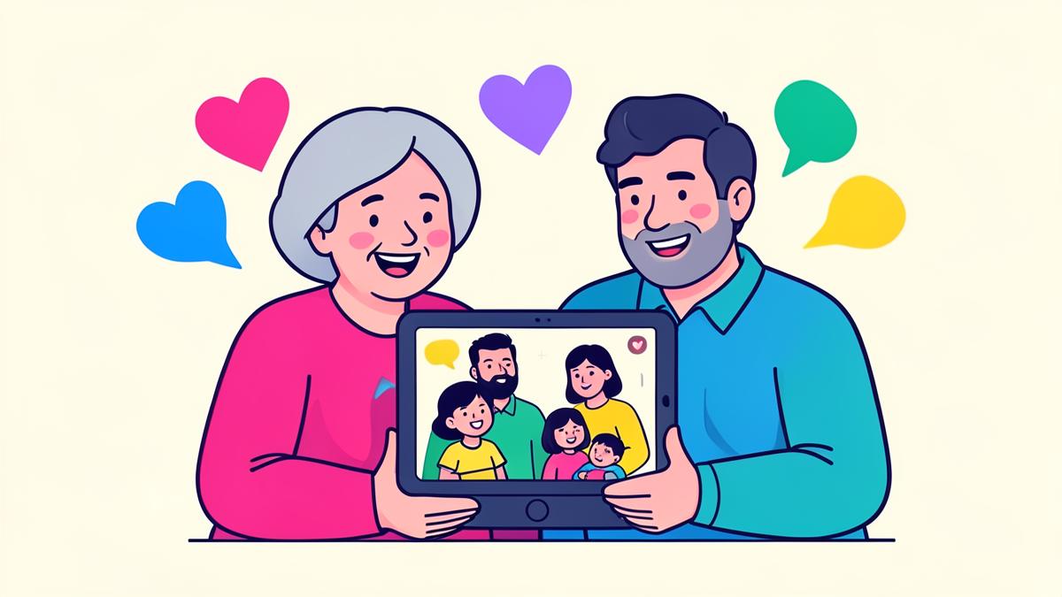 Illustration of grandparents on a video call with their grandchildren