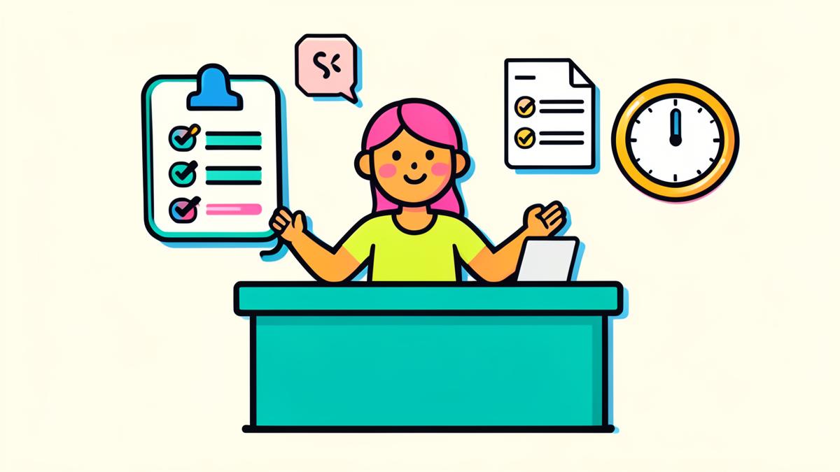 Illustration of a shop owner with a checklist, invoice and clock