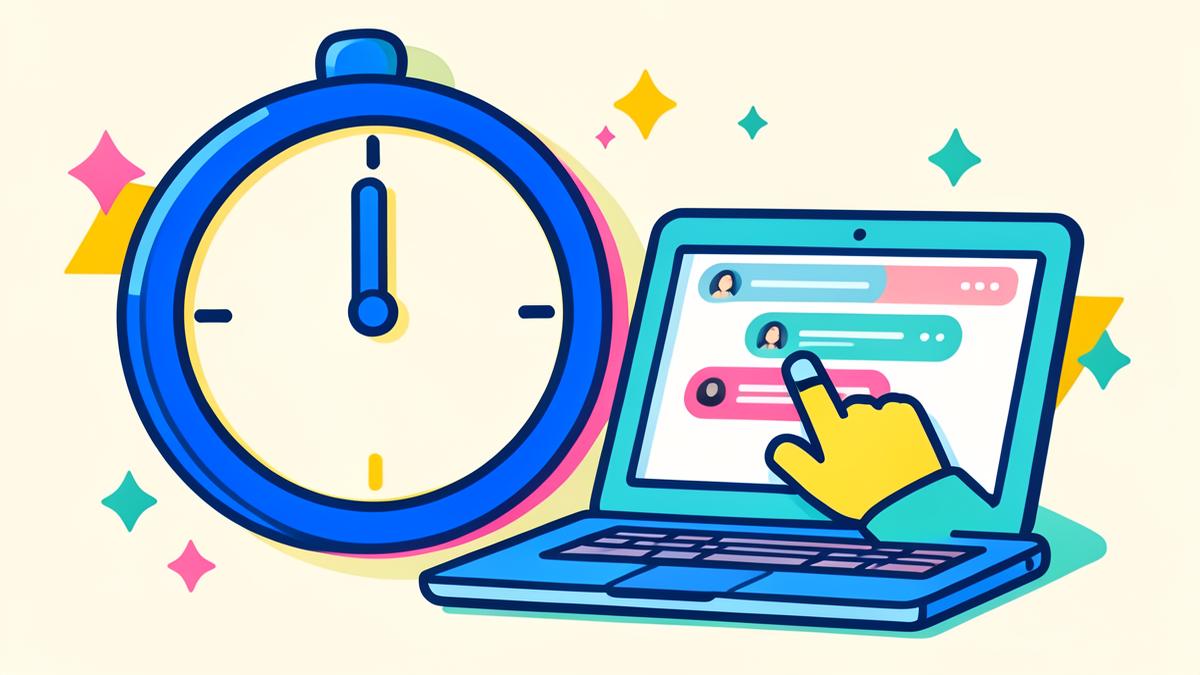 Illustration of a clock beside a laptop showing a first chat message