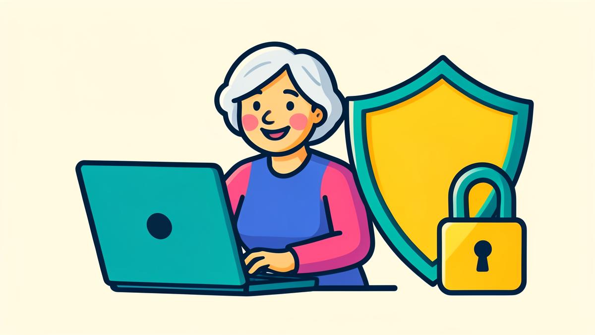 Illustration of a smiling older woman at a laptop beside a shield and padlock