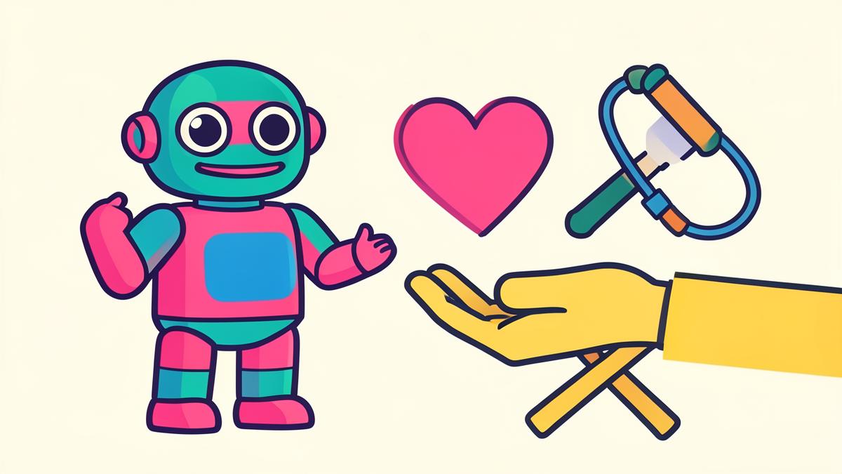 Illustration of a shrugging robot beside a human hand holding a heart